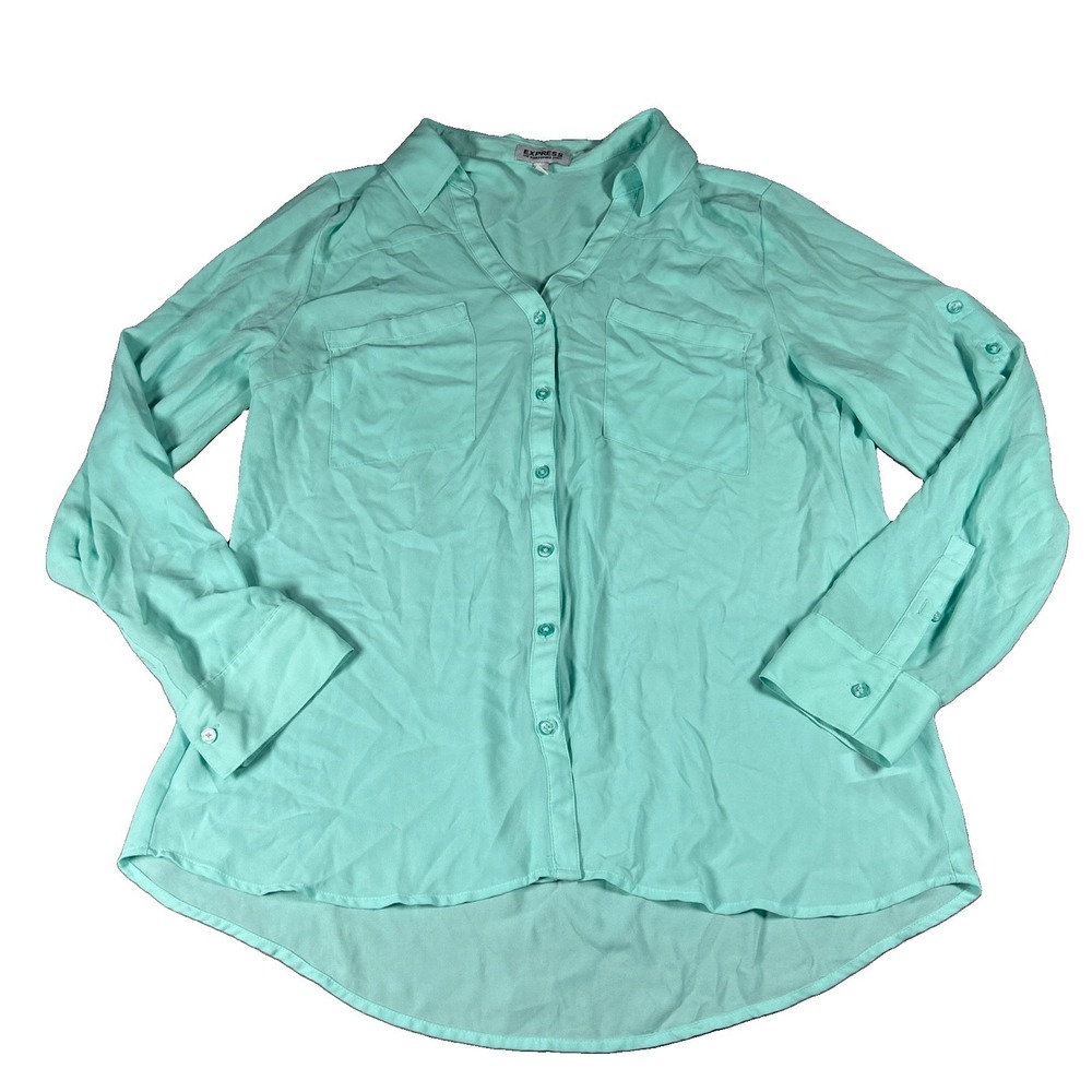 Express Portofino Womens Blouse Large Green Button Down Chiffon Long Sleeve